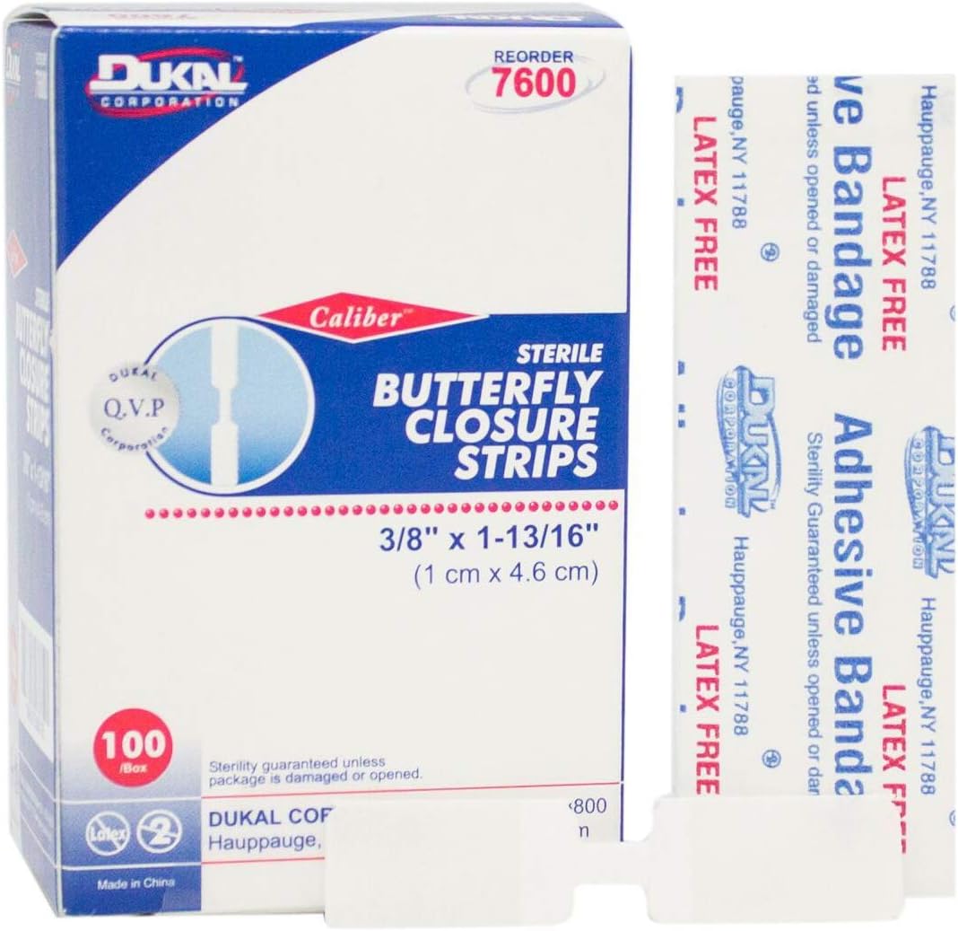Dukal Butterfly Closure Strips. Pack of 100 Adhesive Wound Closure Bandages. Sterile Bandages for Wound Protection. Single use. Individually Wrapped. Easy to Apply.