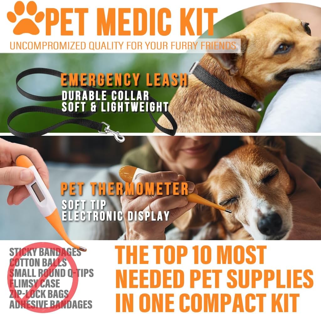 Pet Medic First Aid Kit | Vet-Approved Animal Care Kit with 95 Pcs Medical, Outdoor & Emergency Supplies to Treat Dogs, Cats | Travel-Friendly Compact Bag for Home, Car and Travel