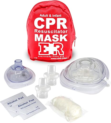 Adult and Infant CPR Mask Combo Kit – Includes 2 CPR Masks with One-Way Valves, Pair of Vinyl Gloves, 2 Alcohol Prep Pads – Portable Emergency CPR Kit – Red – FSA/HSA Eligible