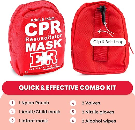 Adult and Infant CPR Mask Combo Kit – Includes 2 CPR Masks with One-Way Valves, Pair of Vinyl Gloves, 2 Alcohol Prep Pads – Portable Emergency CPR Kit – Red – FSA/HSA Eligible